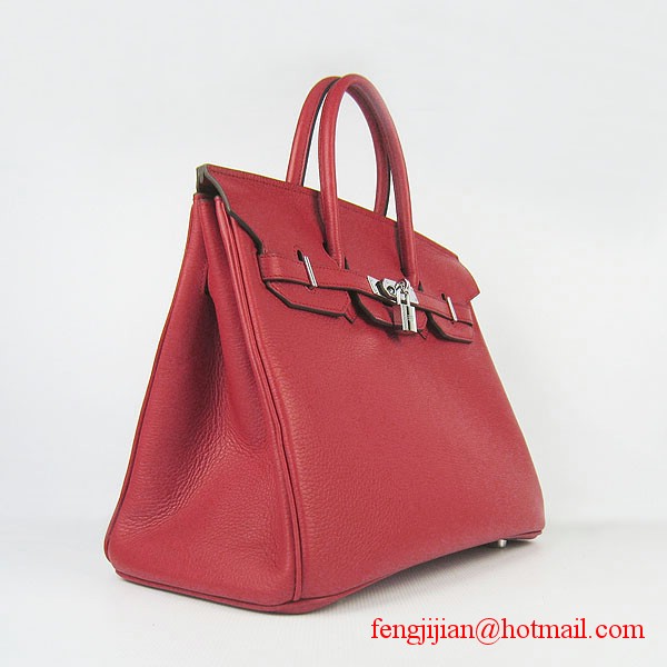 Hermes 35cm Embossed Veins Leather Bag Red 6089 Silver Hardware